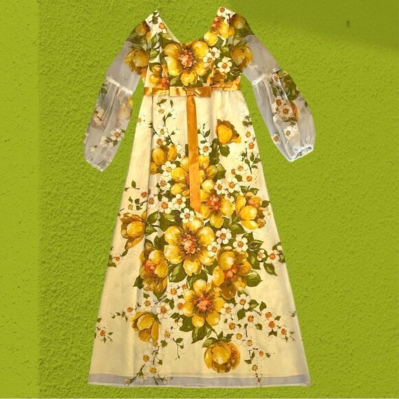 60s vintage Nu-Mode chiffon empire waist gown floral - Picture 11 of 16